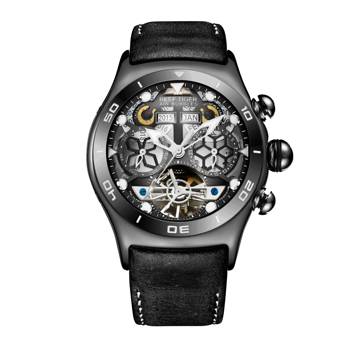 All Black Reef Tiger RGA703 Men Sport Automatic Skeleton Watch with Date Day
