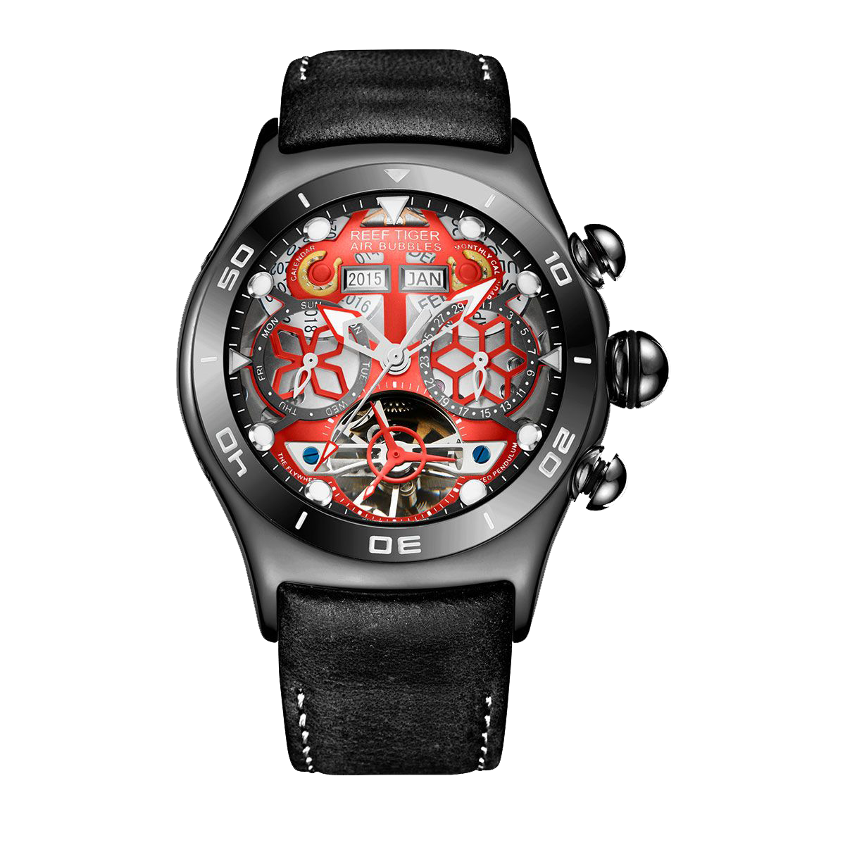All Black Reef Tiger Aurora RGA703 Mens Sport Automatic Skeleton Red Dial Watches