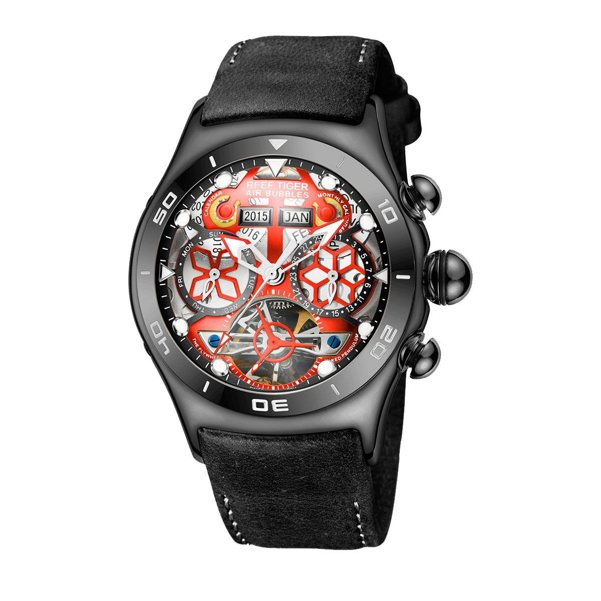 All Black Reef Tiger Aurora RGA703 Mens Sport Automatic Skeleton Red Dial Watches
