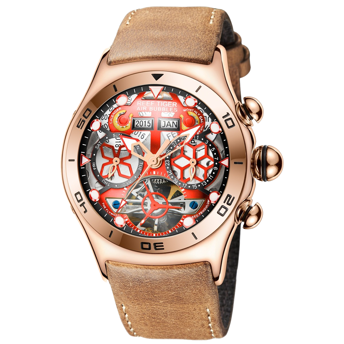 Reef Tiger Aurora RGA703 Rose Gold Automatic Men's 44mm Skeleton Red Dial Watch