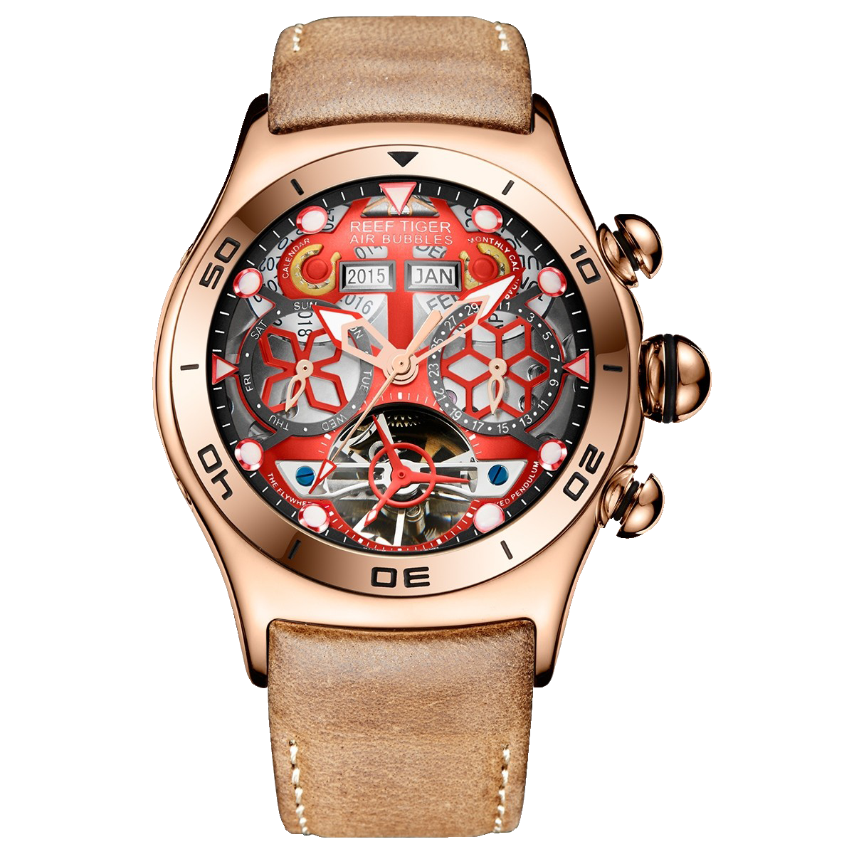 Reef Tiger Aurora RGA703 Rose Gold Automatic Men's 44mm Skeleton Red Dial Watch