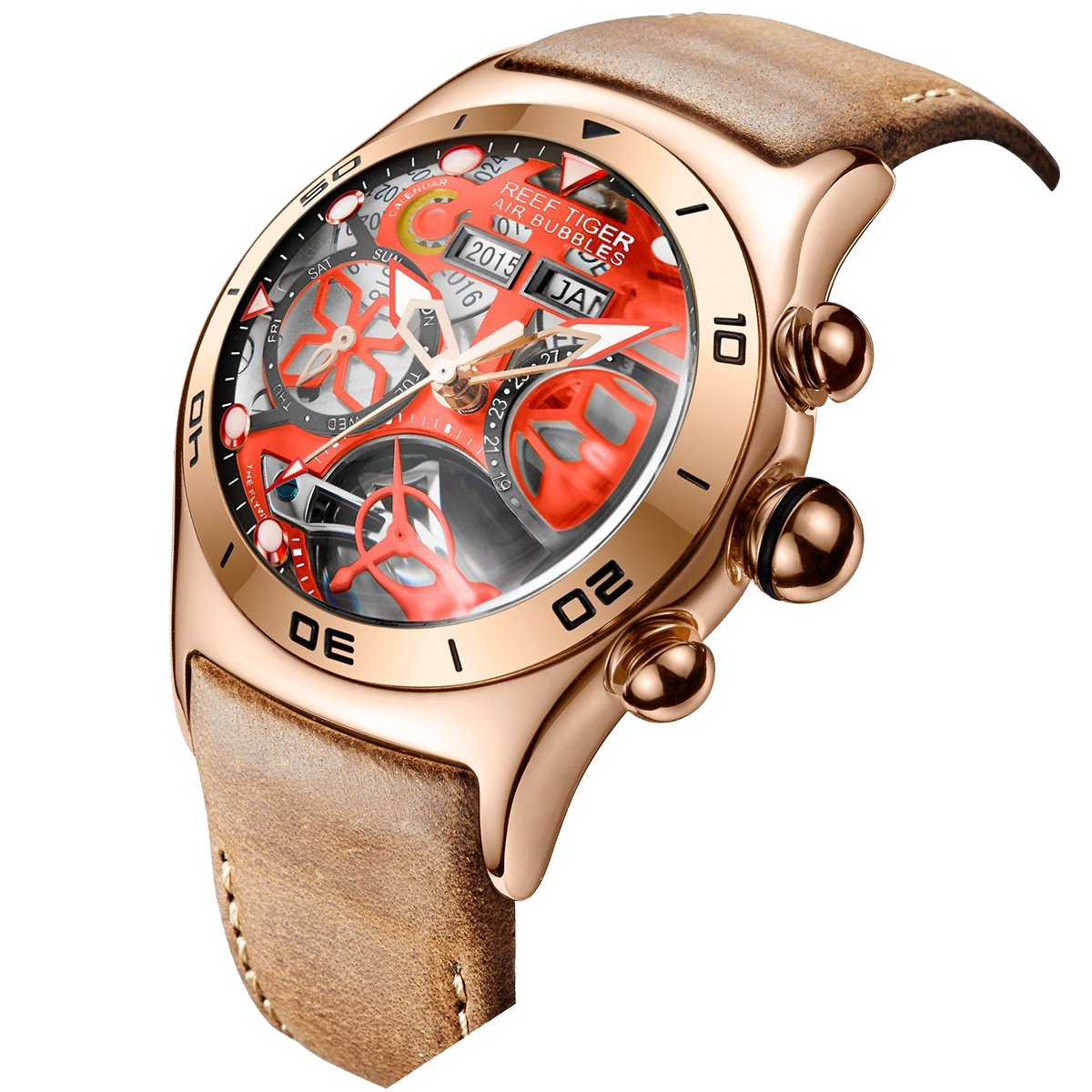 Reef Tiger Aurora RGA703 Rose Gold Automatic Men's 44mm Skeleton Red Dial Watch