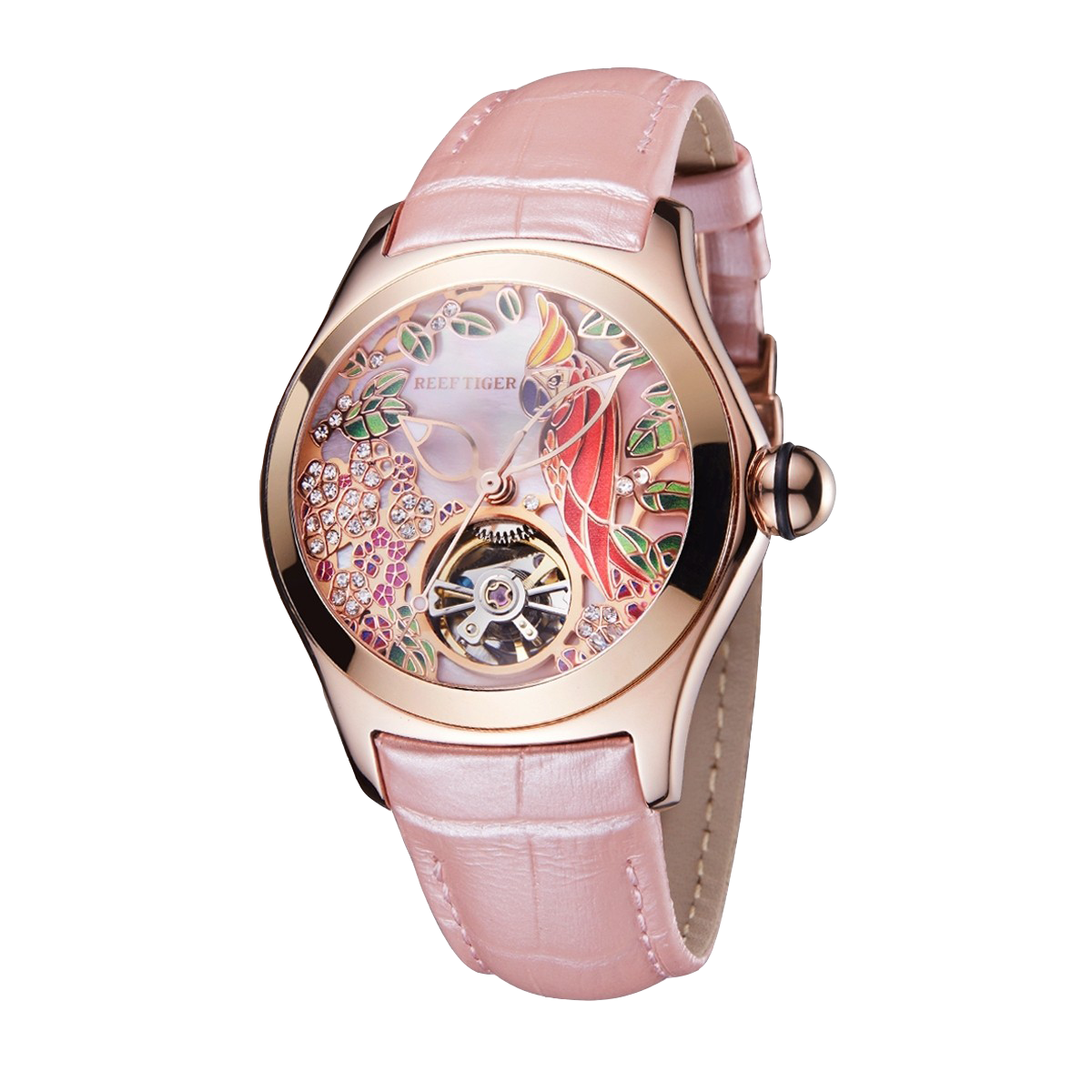 Reef Tiger Elegant Women's Automatic Watch - Luxury Pink Diamond Skeleton Citron Crested Cockatoo Rose Gold Watch - Aurora Parrots RGA7015