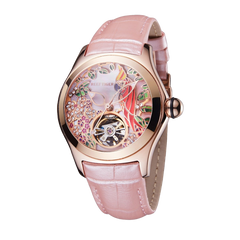 Reef Tiger Elegant Women's Automatic Watch - Luxury Pink Diamond Skeleton Citron Crested Cockatoo Rose Gold Watch - Aurora Parrots RGA7015