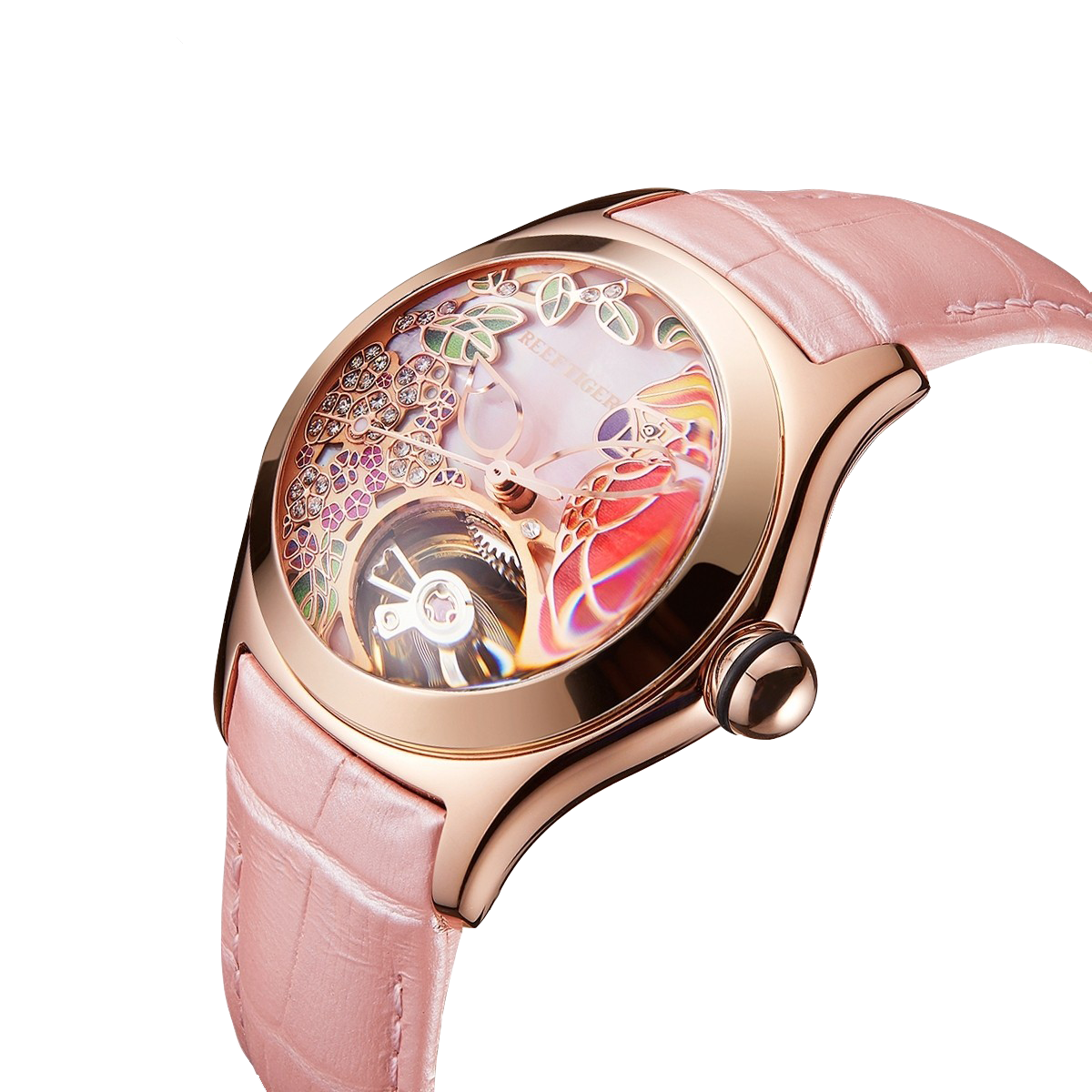 Reef Tiger Elegant Women's Automatic Watch - Luxury Pink Diamond Skeleton Citron Crested Cockatoo Rose Gold Watch - Aurora Parrots RGA7015