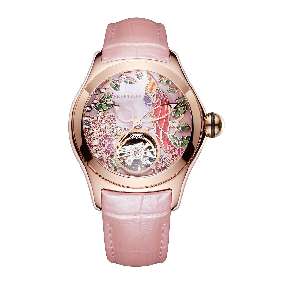 Reef Tiger Elegant Women's Automatic Watch - Luxury Pink Diamond Skeleton Citron Crested Cockatoo Rose Gold Watch - Aurora Parrots RGA7015