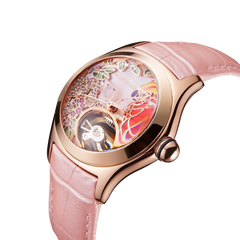 Reef Tiger Elegant Women's Automatic Watch - Luxury Pink Diamond Skeleton Citron Crested Cockatoo Rose Gold Watch - Aurora Parrots RGA7015