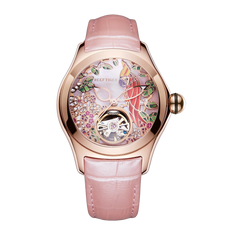 Reef Tiger Elegant Women's Automatic Watch - Luxury Pink Diamond Skeleton Citron Crested Cockatoo Rose Gold Watch - Aurora Parrots RGA7015