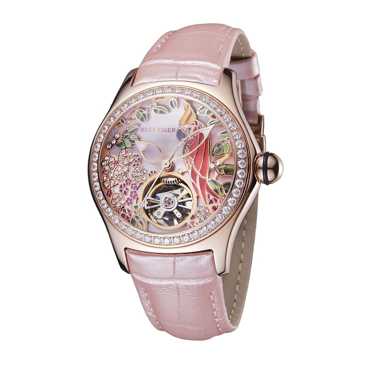 Reef Tiger RGA7015 Elegant Pink Color Ladies' Mechanical Diamond Watch with Tourbillon Style Dial Watch