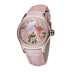 Reef Tiger RGA7015 Elegant Pink Color Ladies' Mechanical Diamond Watch with Tourbillon Style Dial Watch