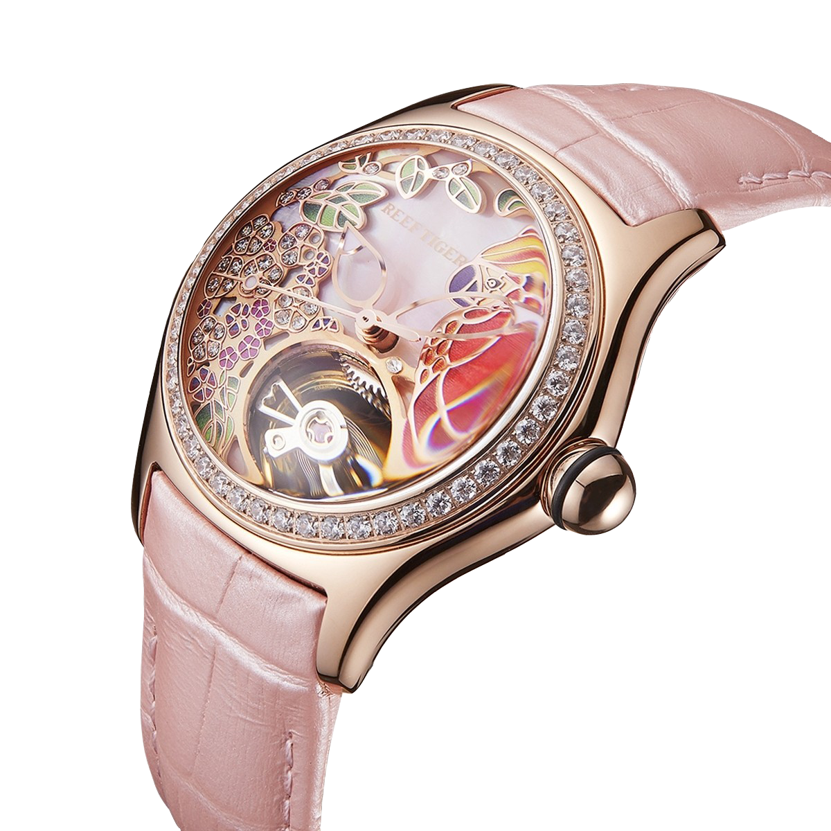 Reef Tiger RGA7015 Elegant Pink Color Ladies' Mechanical Diamond Watch with Tourbillon Style Dial Watch