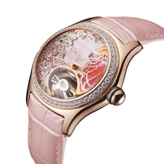 Reef Tiger RGA7015 Elegant Pink Color Ladies' Mechanical Diamond Watch with Tourbillon Style Dial Watch