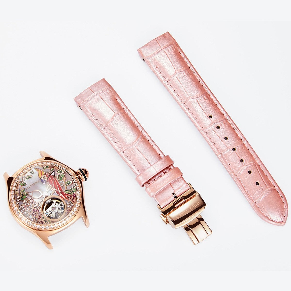 Reef Tiger RGA7015 Elegant Pink Color Ladies' Mechanical Diamond Watch with Tourbillon Style Dial Watch