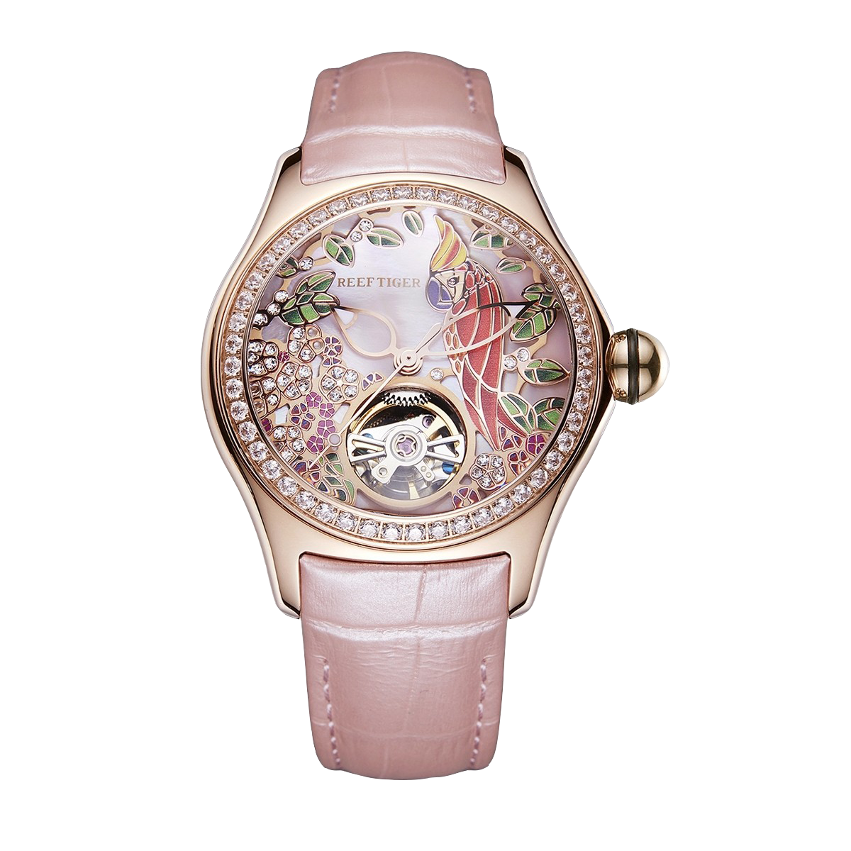 Reef Tiger RGA7015 Elegant Pink Color Ladies' Mechanical Diamond Watch with Tourbillon Style Dial Watch