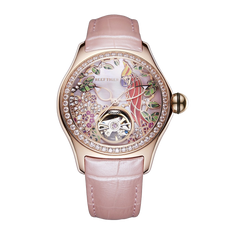 Reef Tiger RGA7015 Elegant Pink Color Ladies' Mechanical Diamond Watch with Tourbillon Style Dial Watch