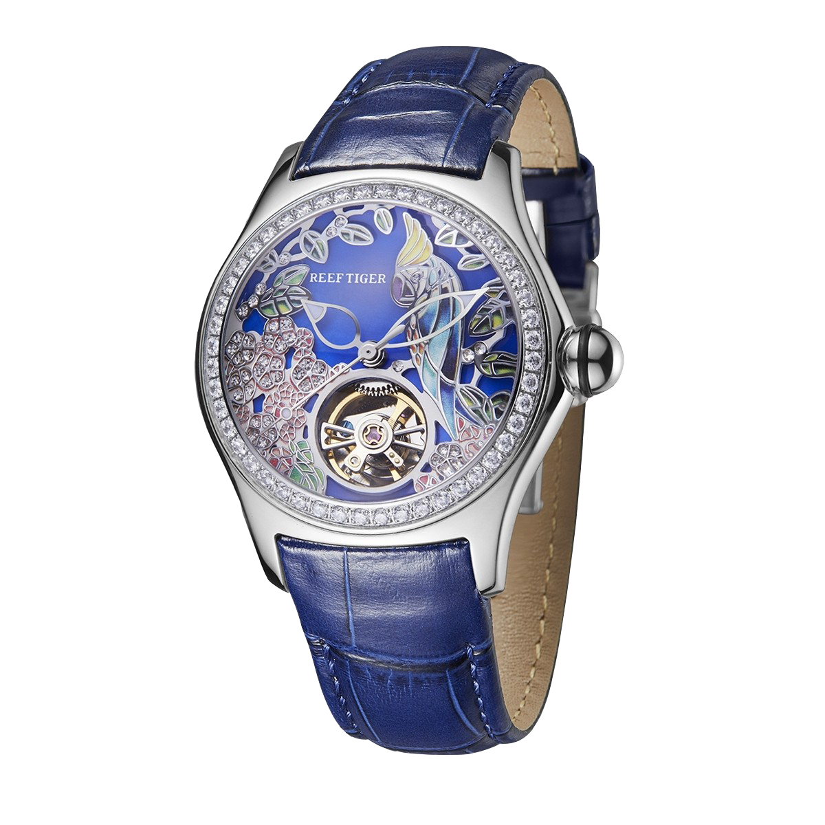 RGA7015 Citron Crested Cockatoo Elegant Women's Automatic Watch - Skeleton Tourbillon Style Dial with Luxury Blue Leather Strap