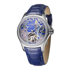 RGA7015 Citron Crested Cockatoo Elegant Women's Automatic Watch - Skeleton Tourbillon Style Dial with Luxury Blue Leather Strap