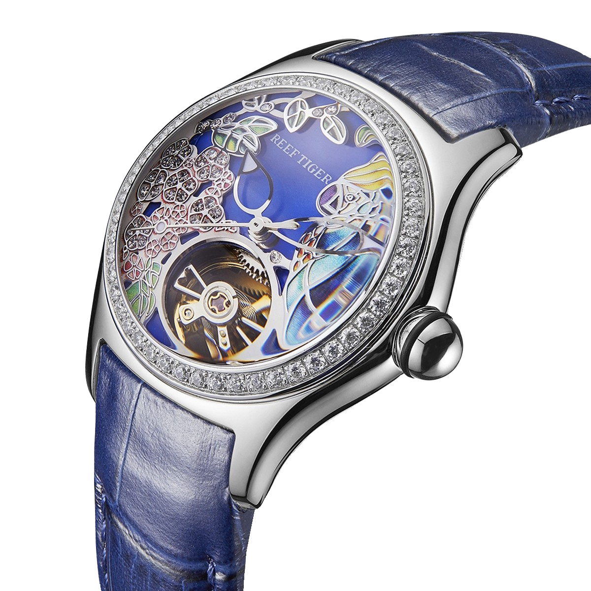 RGA7015 Citron Crested Cockatoo Elegant Women's Automatic Watch - Skeleton Tourbillon Style Dial with Luxury Blue Leather Strap