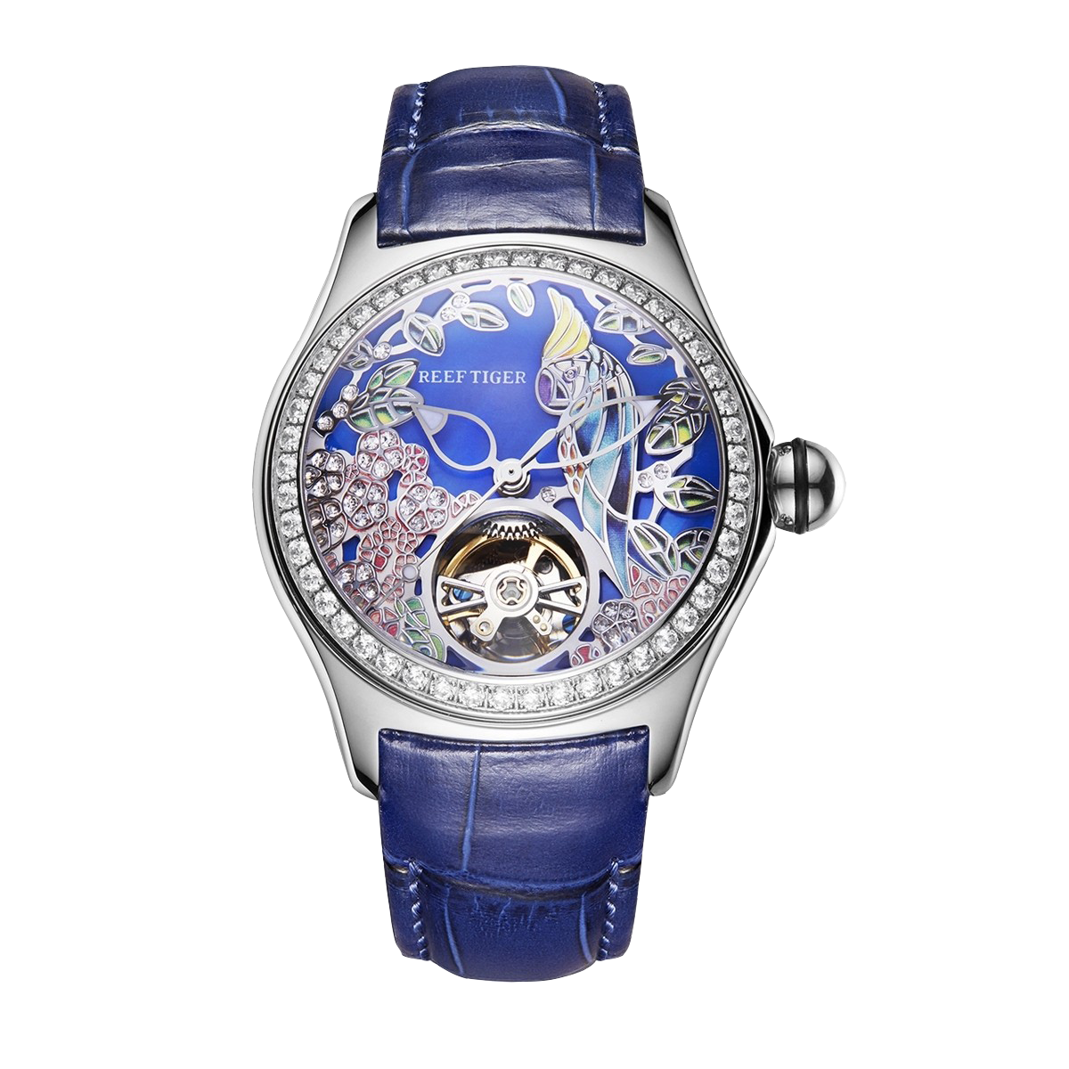 RGA7015 Citron Crested Cockatoo Elegant Women's Automatic Watch - Skeleton Tourbillon Style Dial with Luxury Blue Leather Strap