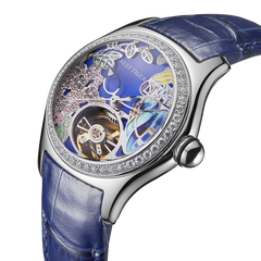 RGA7015 Citron Crested Cockatoo Elegant Women's Automatic Watch - Skeleton Tourbillon Style Dial with Luxury Blue Leather Strap