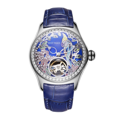 RGA7015 Citron Crested Cockatoo Elegant Women's Automatic Watch - Skeleton Tourbillon Style Dial with Luxury Blue Leather Strap