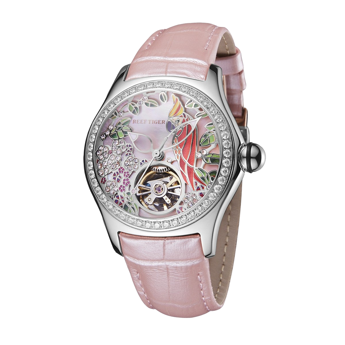 Reef Tiger Aurora RGA7015 Automatic Mechanical Women's Diamond Watch - Citron Crested Cockatoo Design with Tourbillon Style Dial Watch