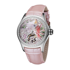 Reef Tiger Aurora RGA7015 Automatic Mechanical Women's Diamond Watch - Citron Crested Cockatoo Design with Tourbillon Style Dial Watch