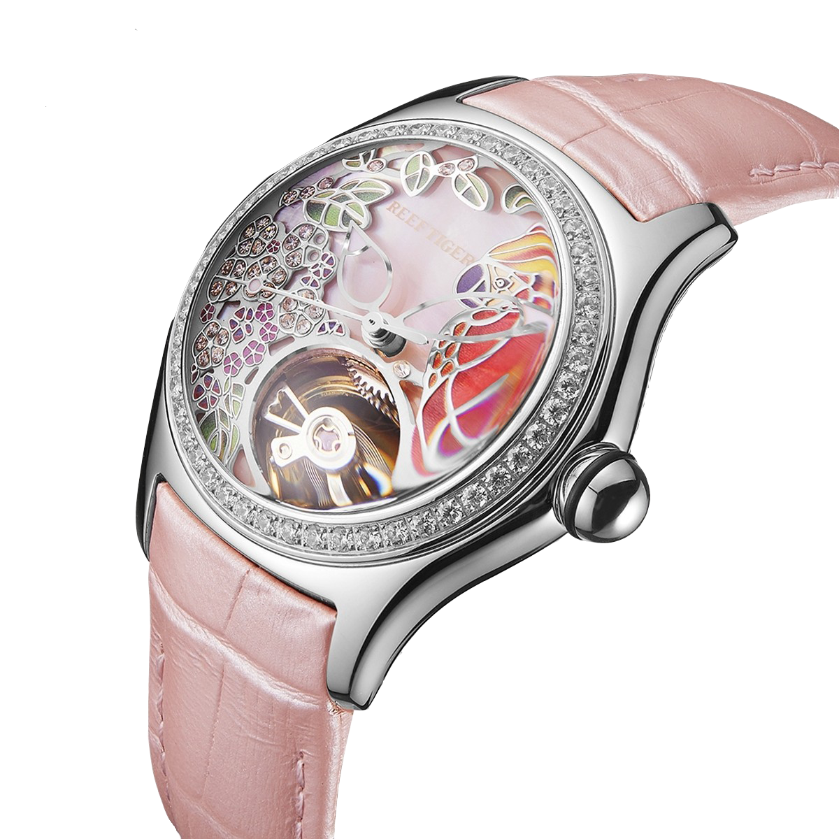 Reef Tiger Aurora RGA7015 Automatic Mechanical Women's Diamond Watch - Citron Crested Cockatoo Design with Tourbillon Style Dial Watch