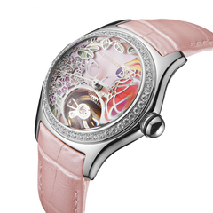 Reef Tiger Aurora RGA7015 Automatic Mechanical Women's Diamond Watch - Citron Crested Cockatoo Design with Tourbillon Style Dial Watch