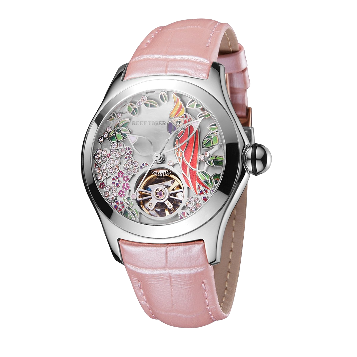 Women's Casual Style Skeleton Mechanical Watch - Diamond Citron Crested Cockatoo Dial Watch - Reef Tiger Aurora Parrots RGA7015