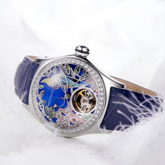 RGA7015 Citron Crested Cockatoo Elegant Women's Automatic Watch - Skeleton Tourbillon Style Dial with Luxury Blue Leather Strap