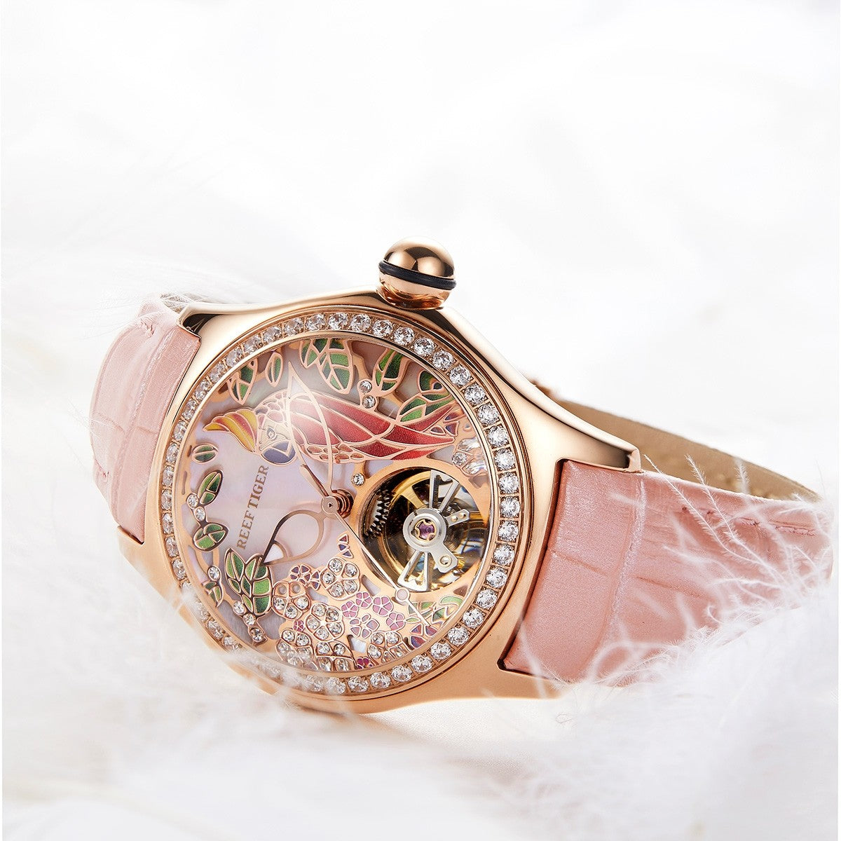 Reef Tiger Elegant Women's Automatic Watch - Luxury Pink Diamond Skeleton Citron Crested Cockatoo Rose Gold Watch - Aurora Parrots RGA7015