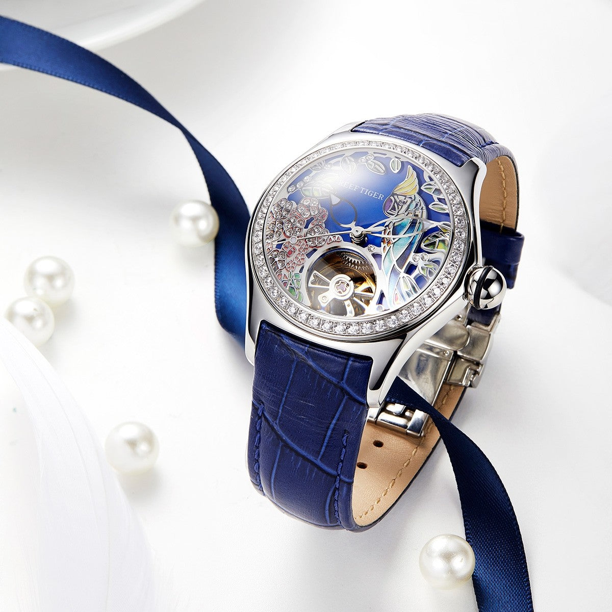 RGA7015 Citron Crested Cockatoo Elegant Women's Automatic Watch - Skeleton Tourbillon Style Dial with Luxury Blue Leather Strap